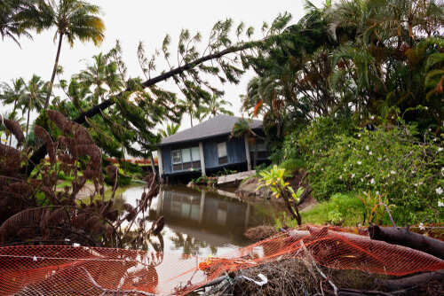 shutterstock_1279515805.jpg A house surrounded by floodwaters and fallen trees after a storm