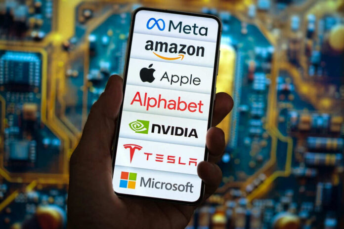 Phone displaying big tech company logos in hand