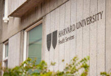 Harvard University Health Services building sign and emblem